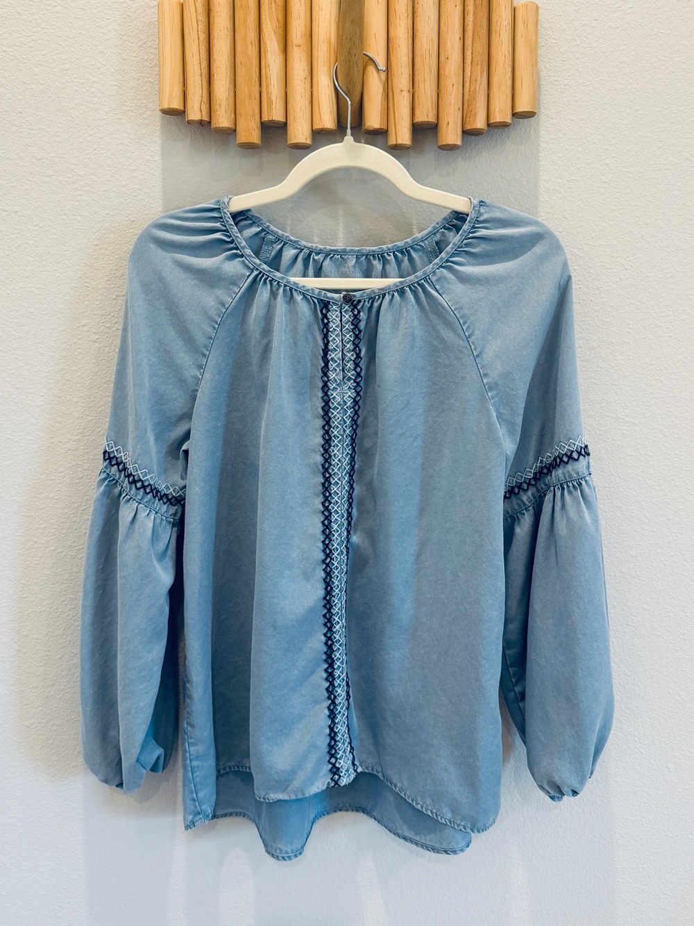 Light Blue Women's Peasant Blouse - Embroidered Detail